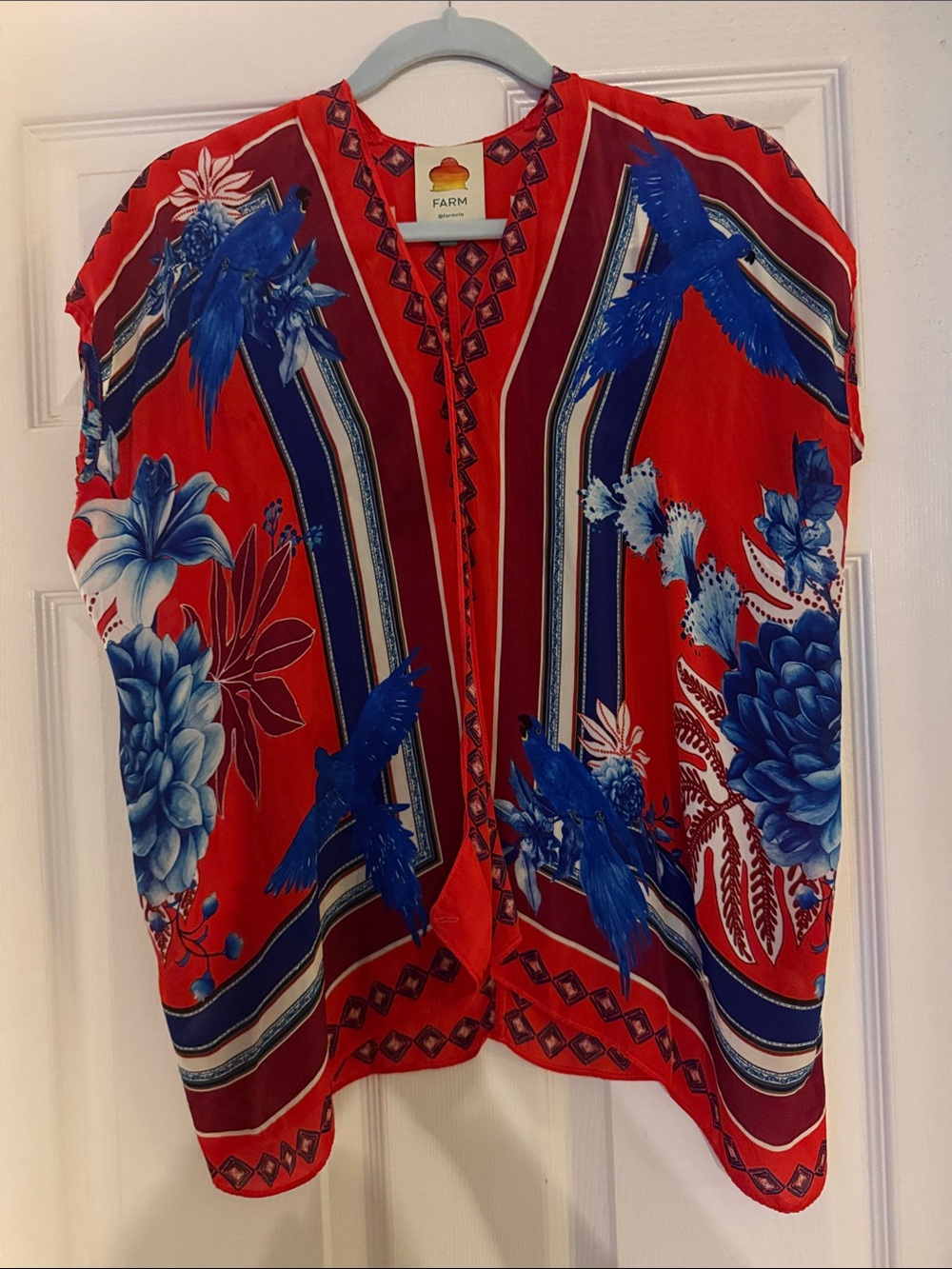 FARM Rio Red Open-Front Kimono with Blue Floral & Parrot Print